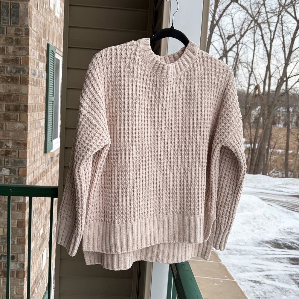 🆕 Pink Rose Blush Chenille Waffle Knit Oversized Sweater XS Cozy Ribbed Hem Chic - Picture 3 of 17